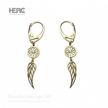 Boho style wing earrings, 14K gold (585), original earrings